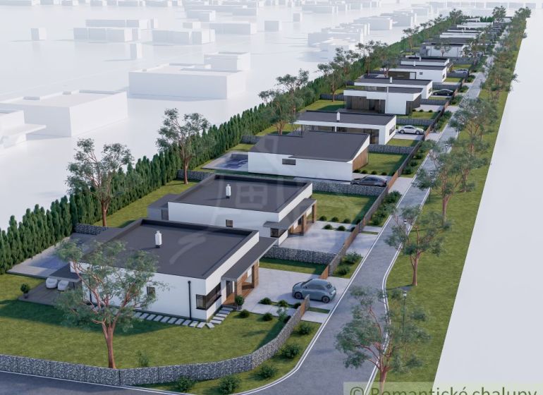 Visualization of family houses on residential plots in Nové Zámky with green gardens.