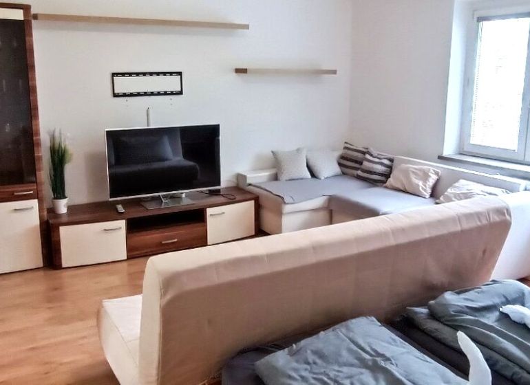 A one-room apartment with a sofa, television, large window, and wooden decor flooring.