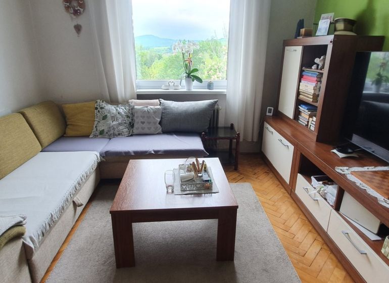 A comfortable living room with a wood-patterned floor in a 3-room apartment.