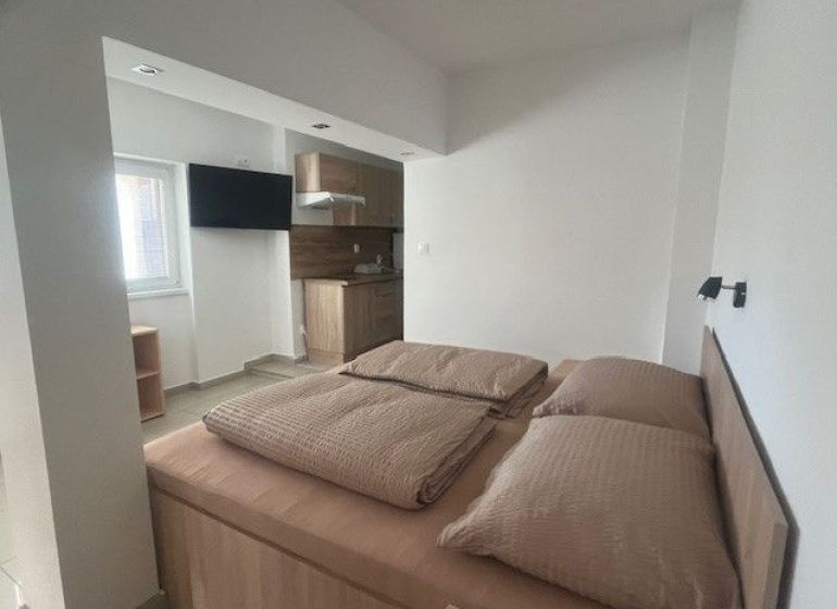 A room with a bed, a kitchenette, and a floor with a wooden decor.