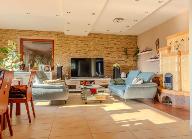 Living room of a family house with comfortable sofas, a decorative fireplace, and a television.