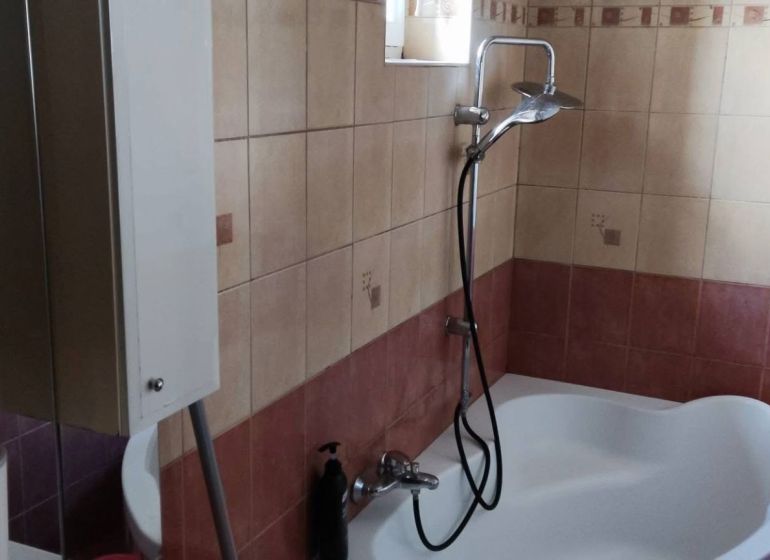 Family house bathroom with a bathtub, shower, and tiles in warm tones.