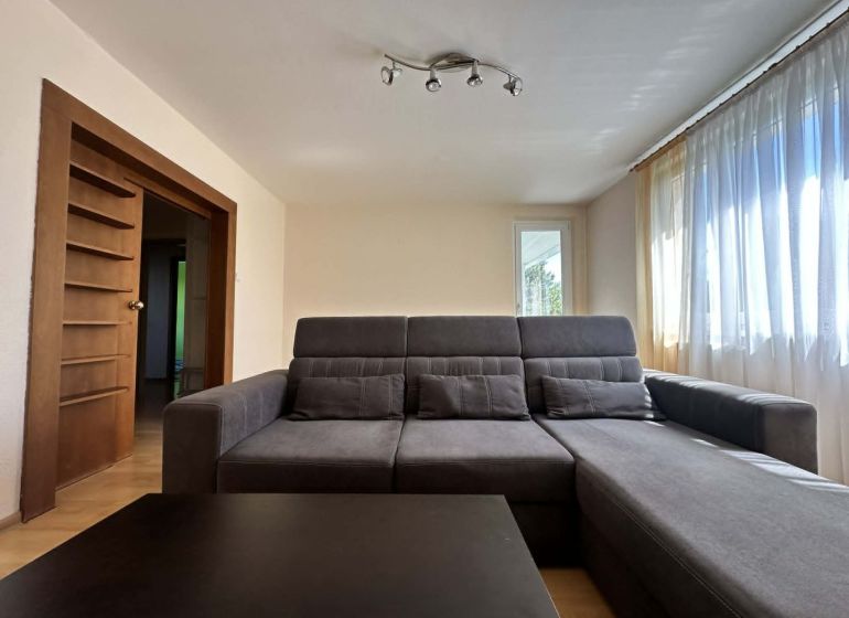 A bright living room with a sofa and a built-in shelf in a three-room apartment.