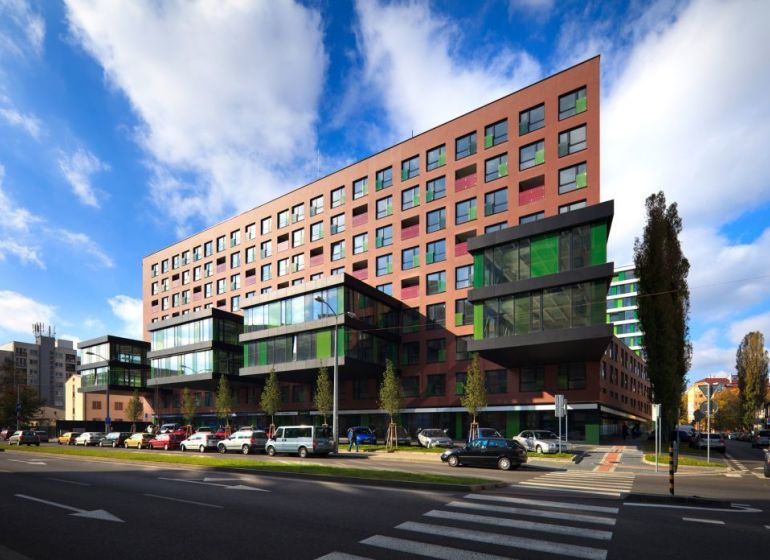 Office building on Košická Street in Bratislava - Ružinov with glass elements.