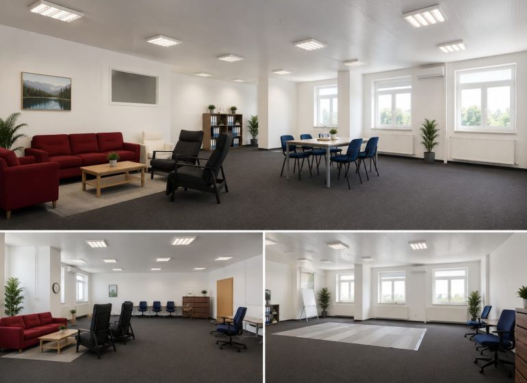 Office spaces with a sofa, tables, and chairs in warehouses and halls.