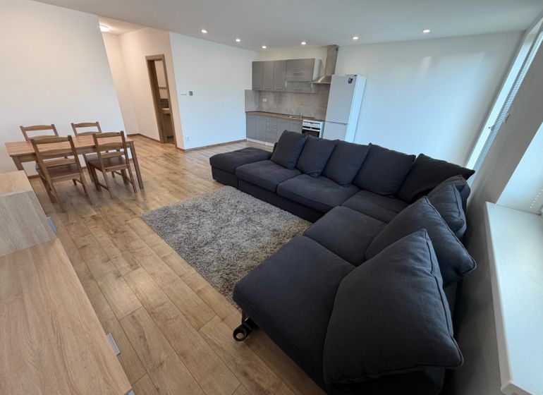 Living room with a dark sofa, dining table, and wooden decor flooring.