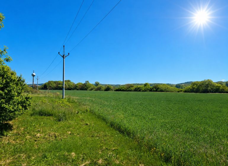 Záhorce, Land - residential: Green field with electric poles and surrounding forest.