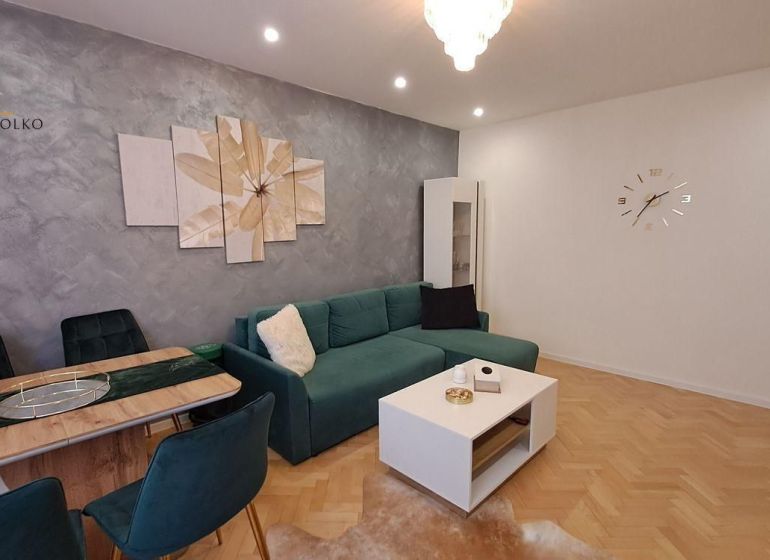 A living room in a two-room apartment with a wooden decor floor and a green sofa.