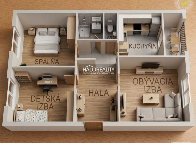 Floor plan of a 3-room apartment with a bedroom, children's room, and kitchen.