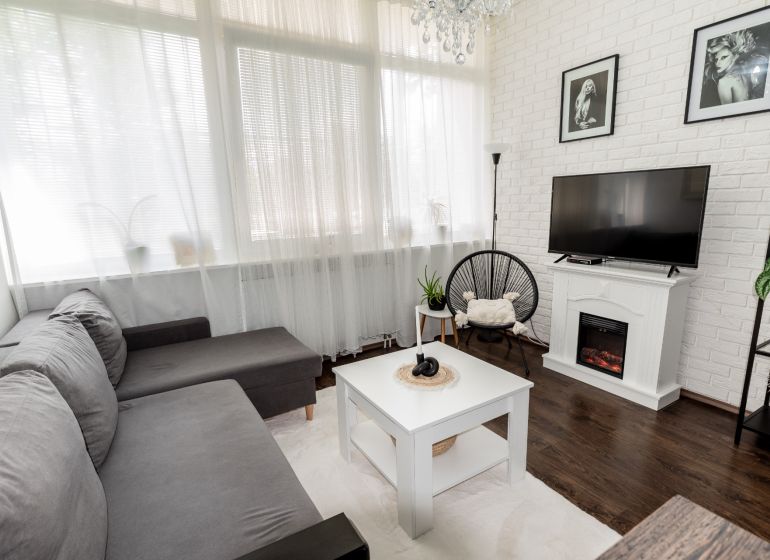 Living room with a comfortable sofa, fireplace, and wooden decor flooring in a two-room apartment.
