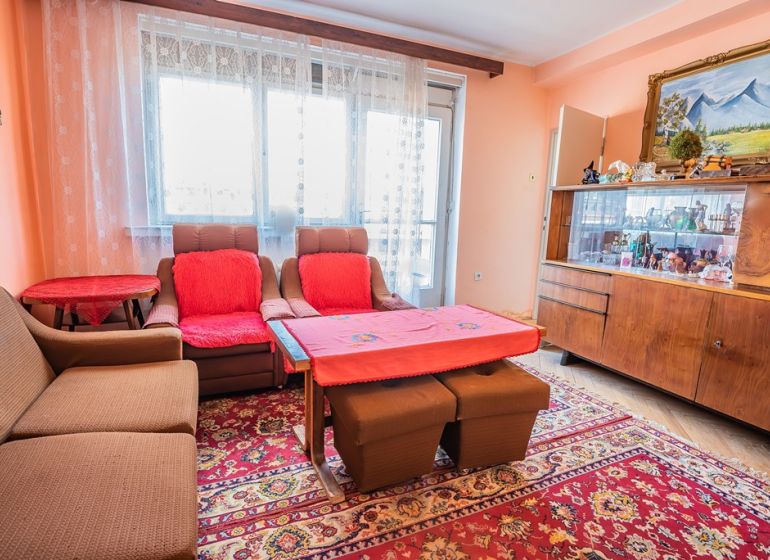 Living room in a 2-room apartment with furniture, a painting, and a wooden decor floor.