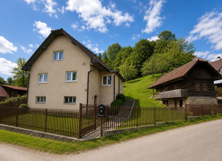 A family house on Budatínska Lehota Street in Kysucké Nové Mesto, next to a wooden house.