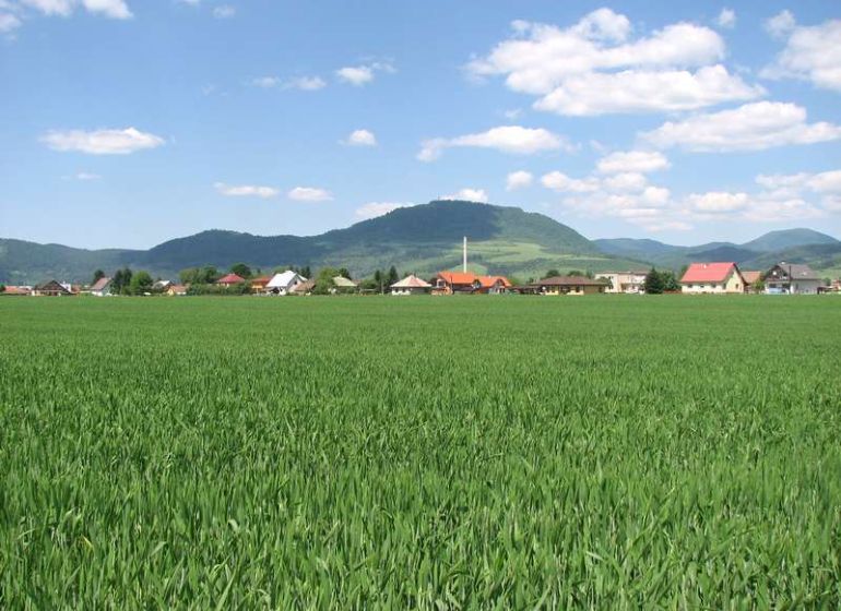A green field with a view of houses and mountains in the background in Mojš.