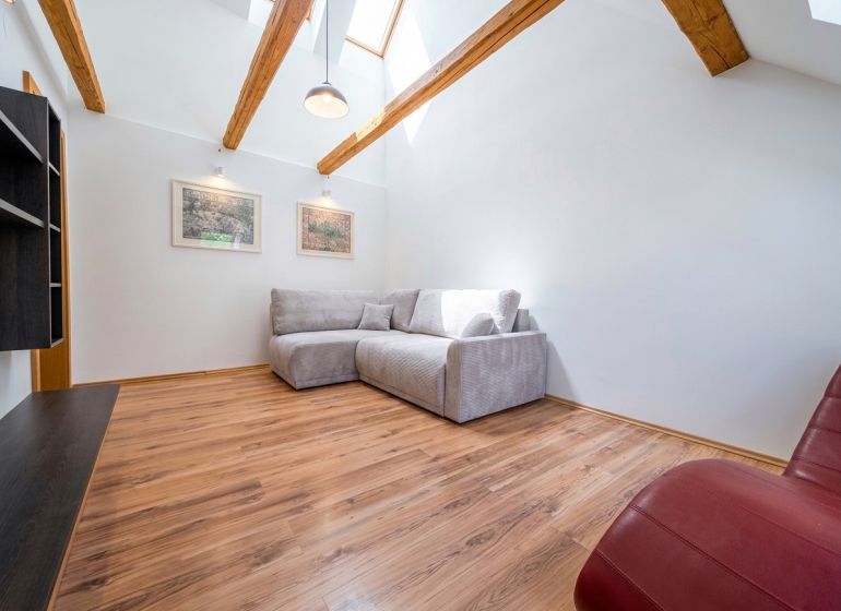 A bright living room with wood-patterned flooring and a comfortable sofa in a two-room apartment.