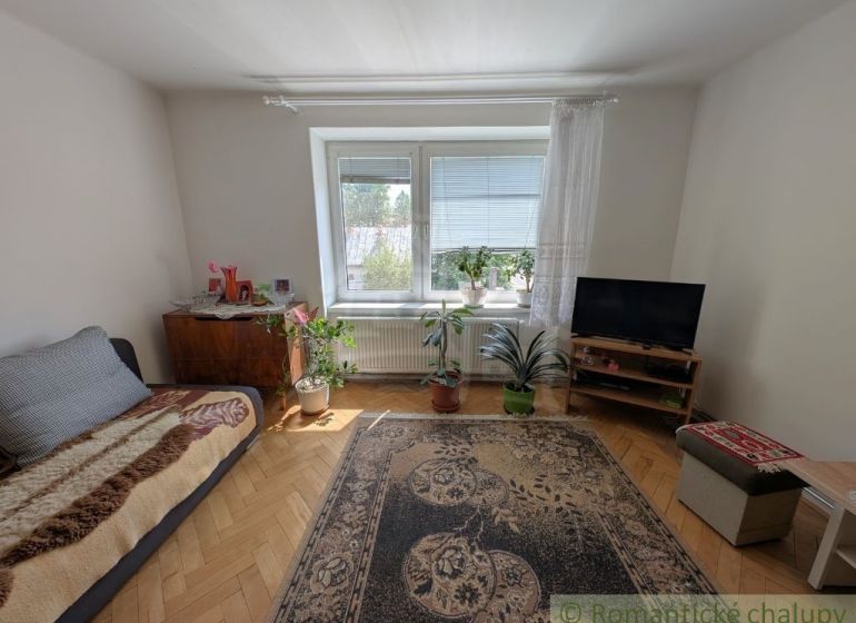 A room in a 2-bedroom apartment with carpets, flowers, and a wooden decor floor.