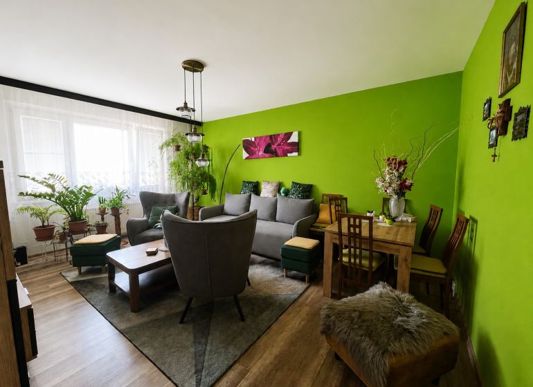 Living room in a 3-room apartment with a wooden decor floor and green walls.