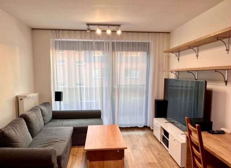 Living room in a two-room apartment with a sofa, TV, and shelves; floor with wood decor.