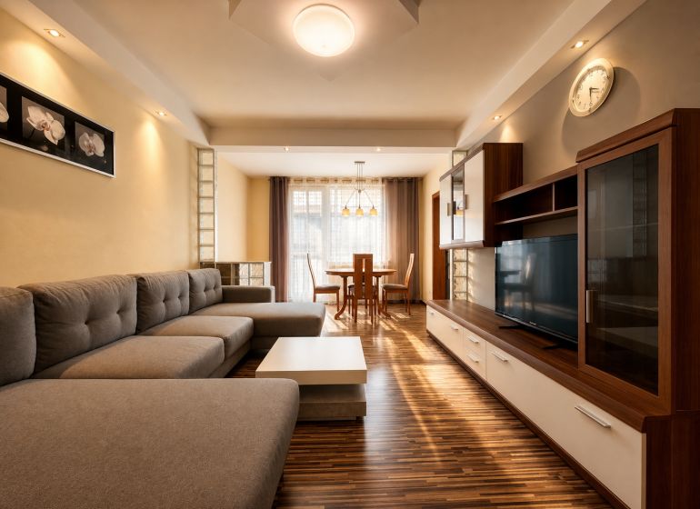 Living room in a three-room apartment with a sofa, TV wall, and wooden decor flooring.