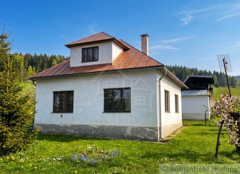 A family house in Štiavnické Bane with a lawn, trees, and forests in the background.