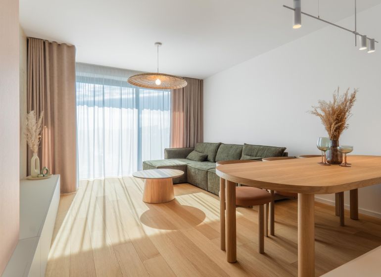 Living room in a 3-room apartment with a comfortable couch and wooden decor flooring.