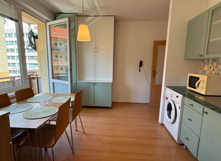Dining area and kitchen with wood-patterned flooring in a studio apartment.