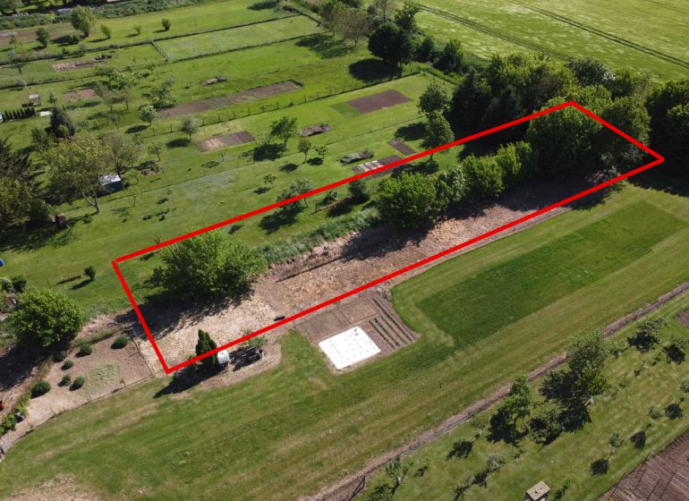 Aerial view of the gardens in Hruboňovo with the area marked in a red frame.