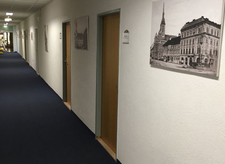 Offices with blue carpet and black-and-white photographs on the walls.