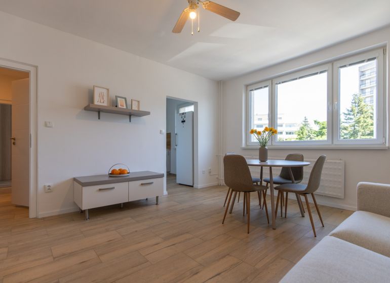 Living room in a two-room apartment with a wooden decor floor and a dining table.