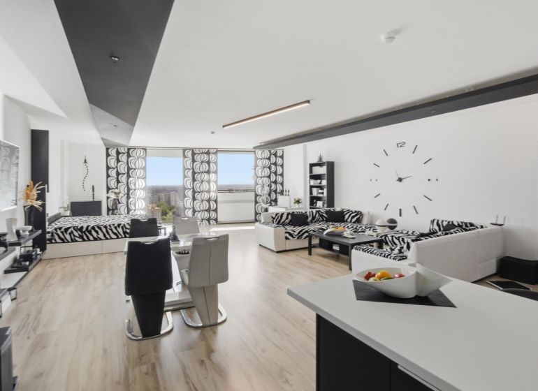 Living room in a two-room apartment with zebra patterns and a wooden decor floor.