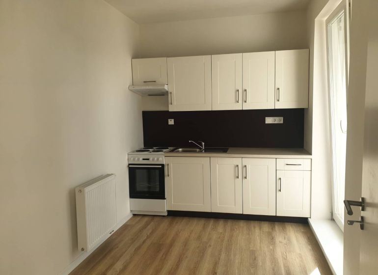 A kitchen in a studio apartment with a wood-patterned floor and white cabinets.