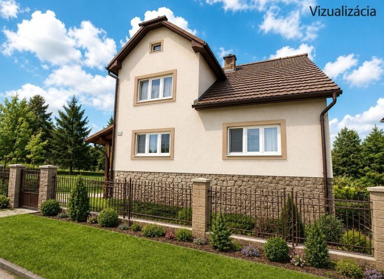 A family house in Sebechleby surrounded by a landscaped garden and a fence under a blue sky.