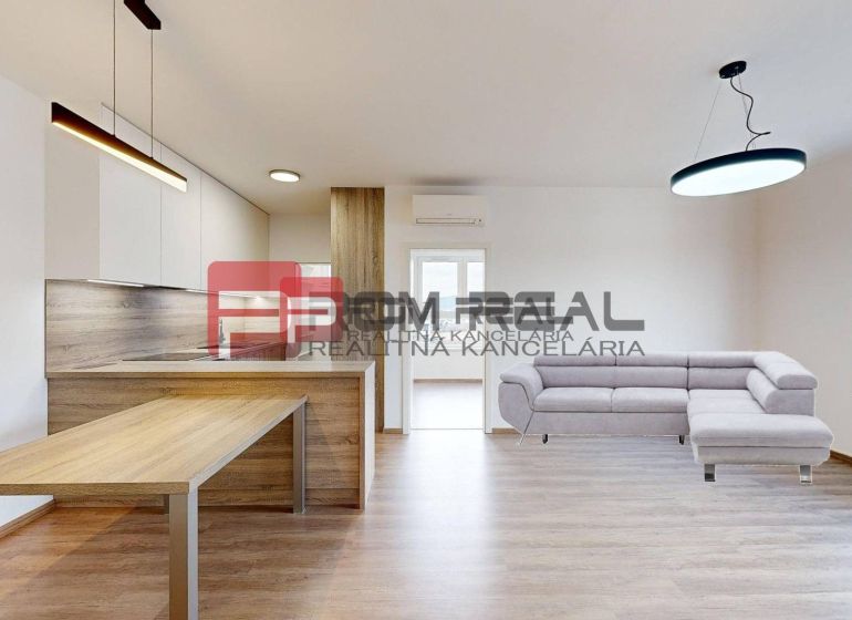 Living room of a 3-room apartment with a kitchen, wooden decor flooring, and a sofa.