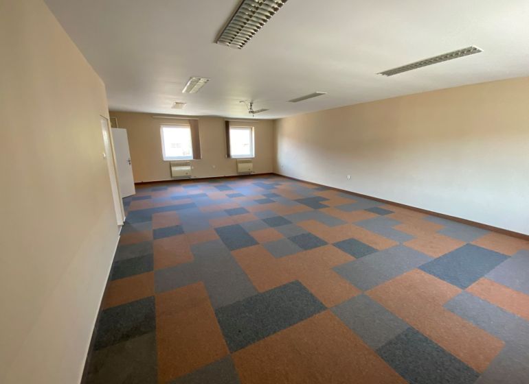 Interior of commercial premises with carpet flooring and two windows.