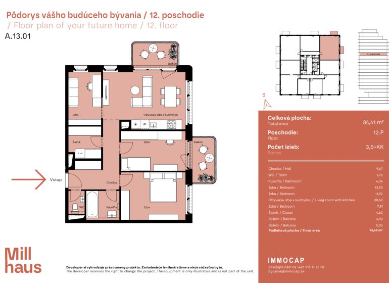 Floor plan of a 4-room apartment with a living room and kitchen, two rooms, and balconies.