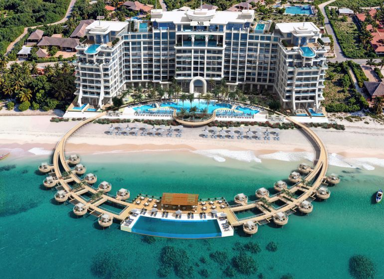 A luxury resort in Paje with unique architecture and private beach pavilions.