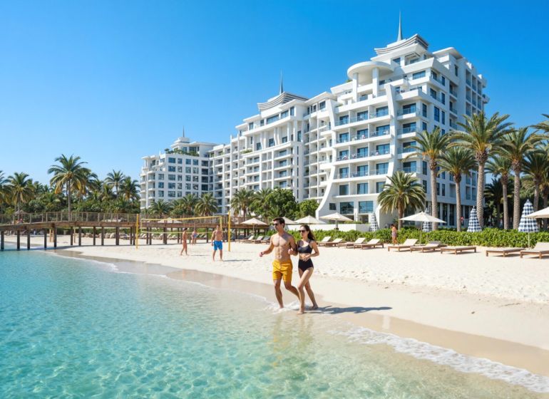 The beach in Paje with white sand, palm trees, and luxury apartments in the background.