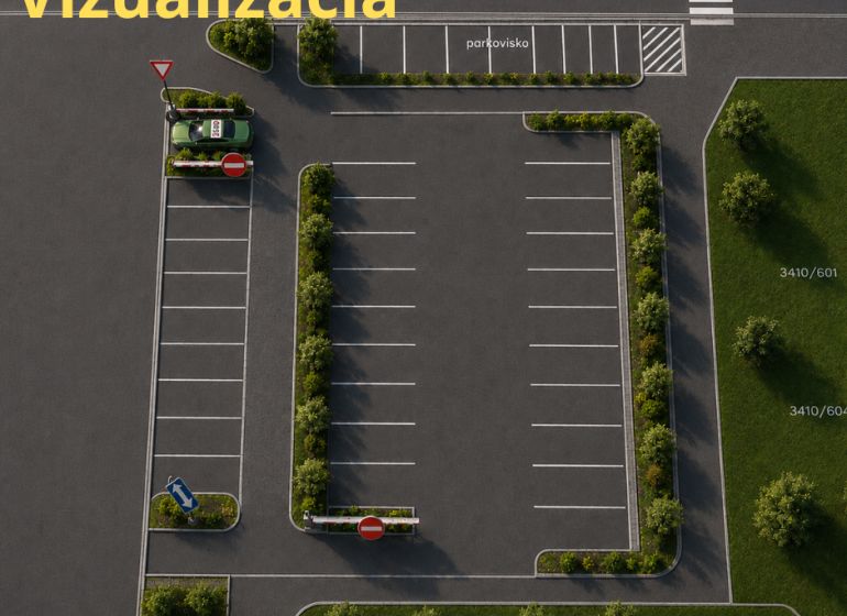 Parking lot on Novozámocká Street in Zvolen, Banská Bystrica Region, Slovakia surrounded by greenery.