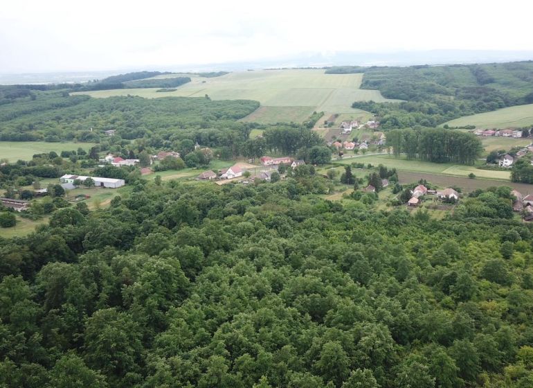 Aerial view of agricultural and forest lands around Trebušovce with village settlements.