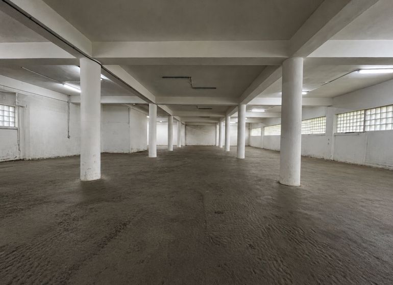 Spacious interior with concrete floor and white columns in warehouses and halls.