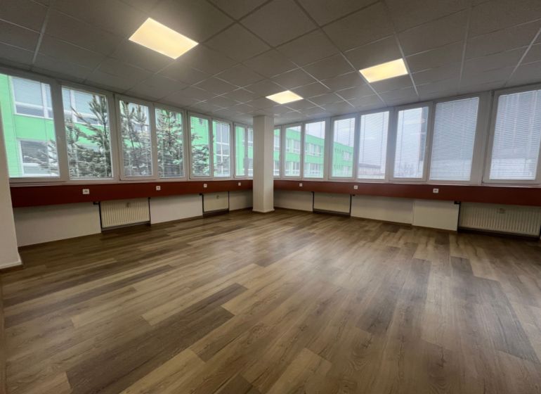 Large office spaces with wood-patterned flooring and large windows.