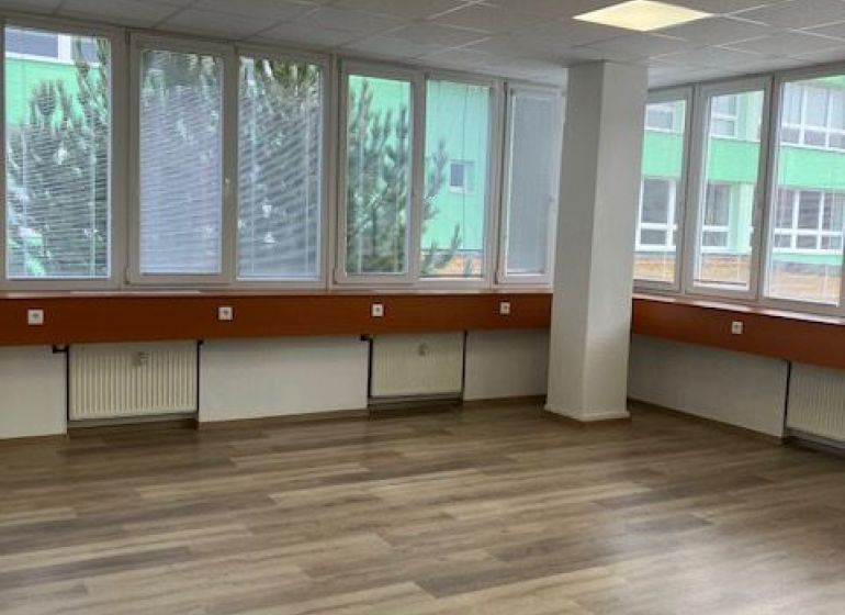 Offices with wood-patterned flooring and large windows.