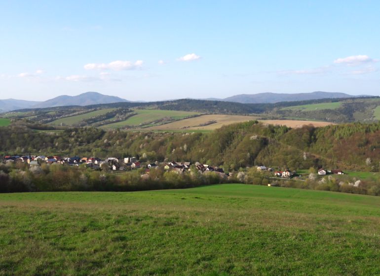 A view of agricultural and forest lands in Bogliarka with a hilly horizon and a village.