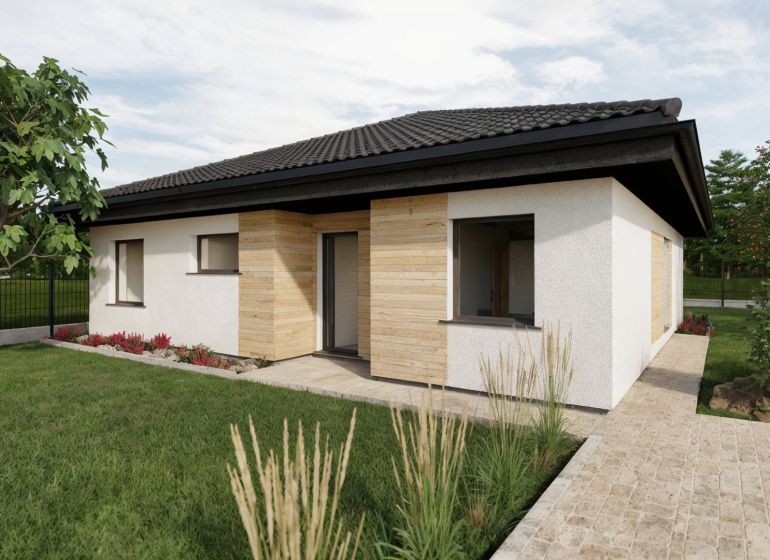 Family house on Kostolná in Drahová with a white facade and wooden decor.