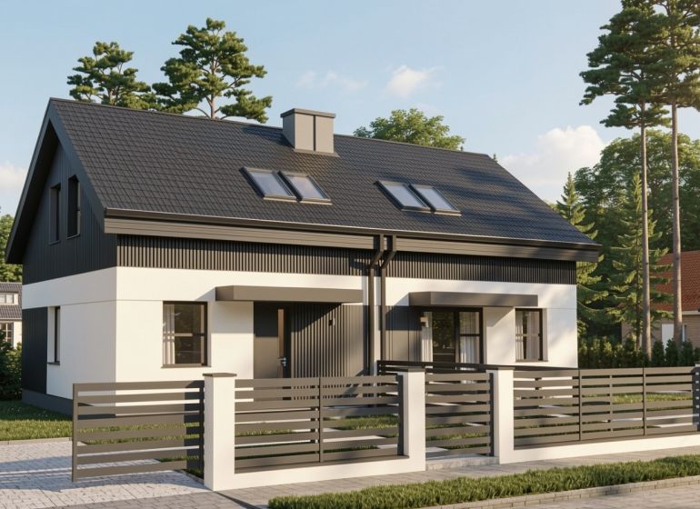 A family house in Sasinkovo on Sasinkovo Street, surrounded by trees and a modern fence.