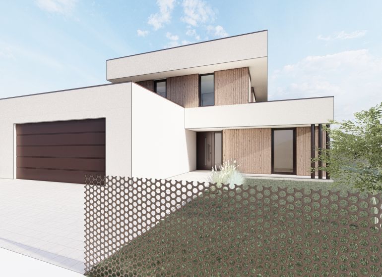 Family house in Sliač, residential plots with wood decor and a garage.