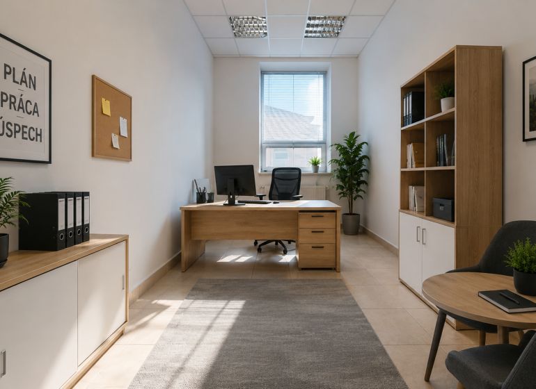 A bright office with wooden furniture, a carpet, plants, and a motivational quote on the wall.