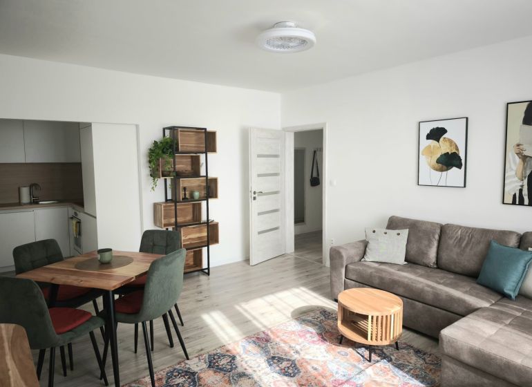 Living room in a two-room apartment with a sofa, dining table, and decorations, wooden-patterned floor.