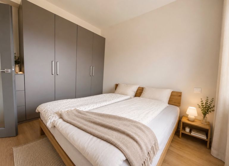 A bedroom in a two-room apartment with a wooden decor floor, a large wardrobe, and a nightstand.