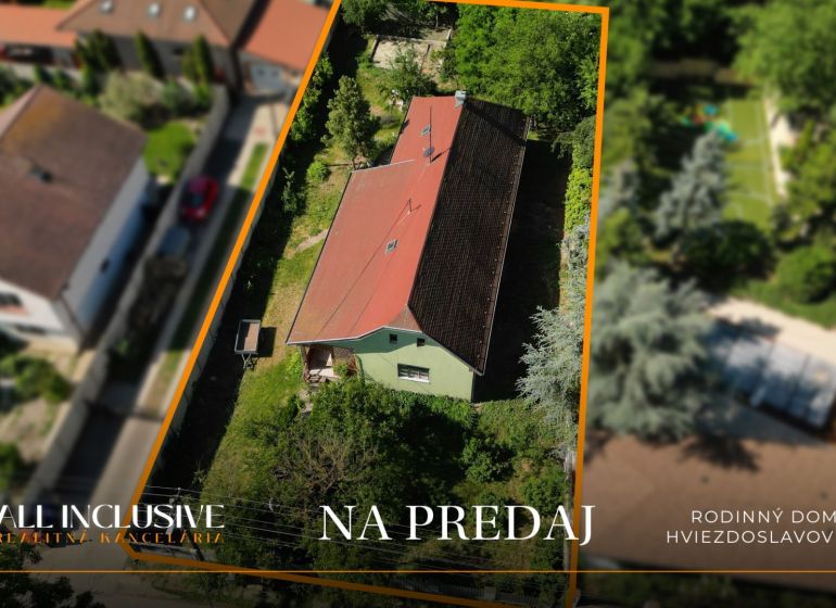 Aerial view of a family house in Hviezdoslavov surrounded by greenery and a garden.