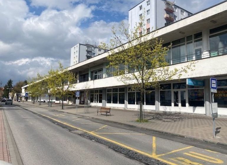 Commercial premises in the city center of Zvolen, by the road with a tree-lined avenue and parking.